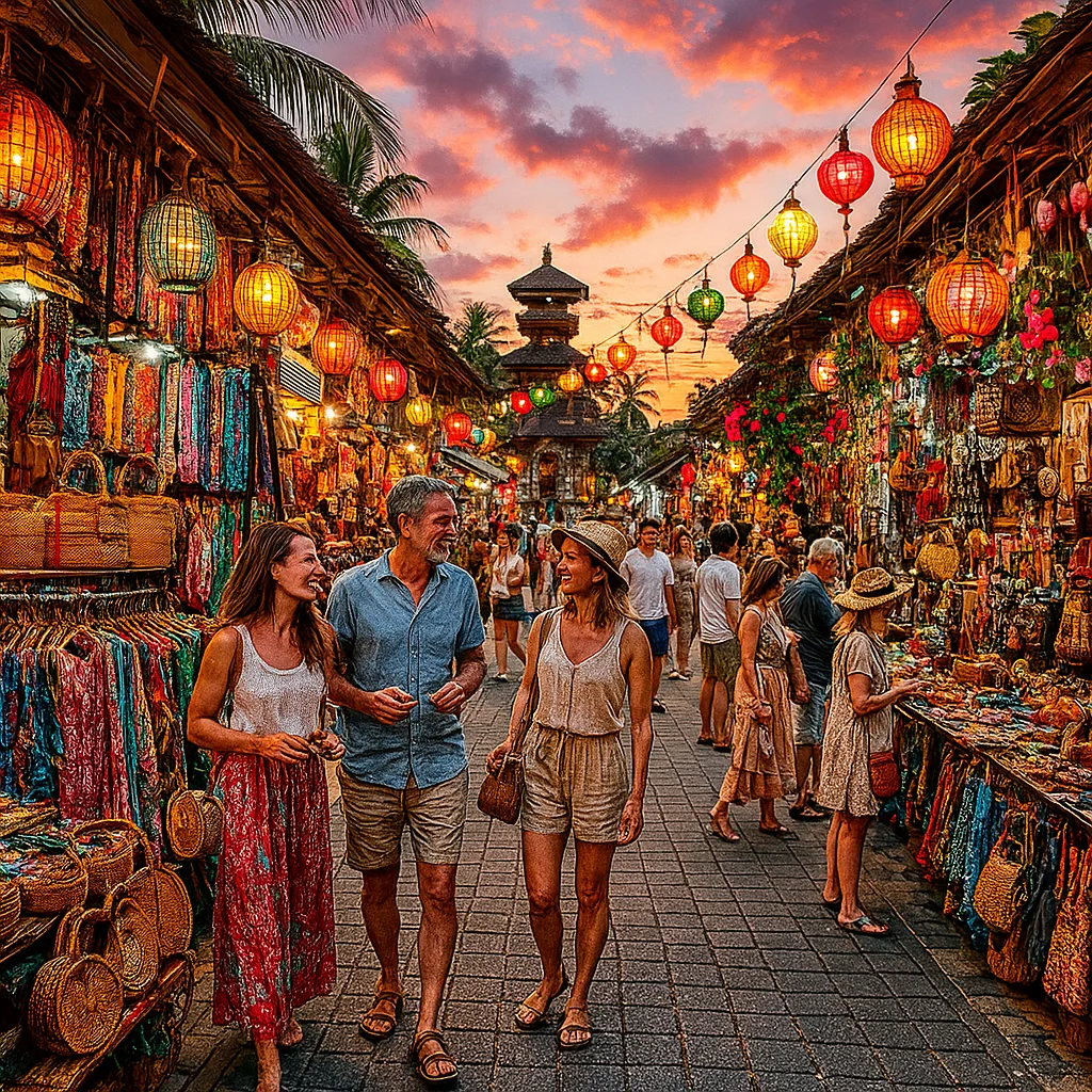 A lively Bali shopping street scene at sunset with vibrant stalls selling sarongs, rattan bags, and handmade crafts. Tourists browsing happily, a hint of a tropical temple in the background, colorful lanterns glowing. No text, no logos.