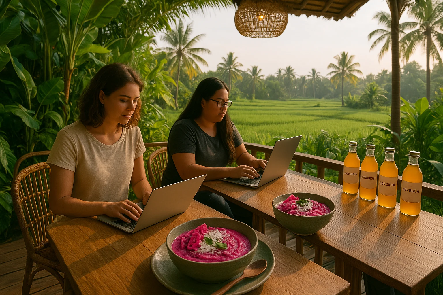 Trendy Bali café with tropical greenery, digital nomads working on laptops, vegan smoothie bowls topped with dragon fruit and coconut flakes, kombucha bottles lined up on a wooden counter, open-air rice field view, soft morning sunlight, modern tropical aesthetic.