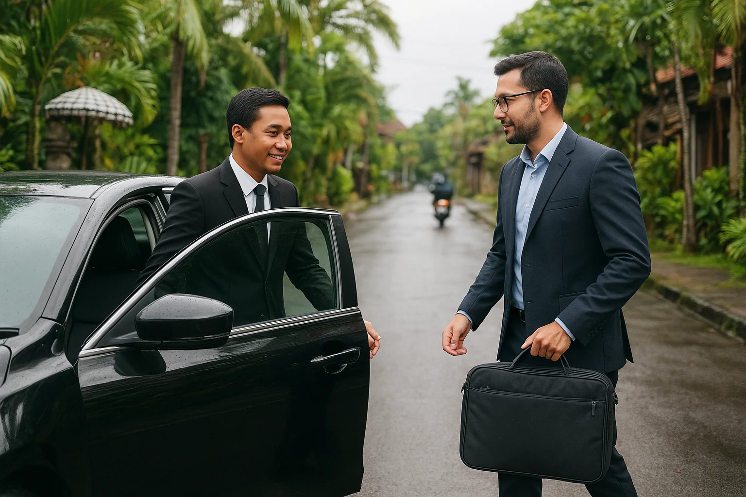 Professional driver opening a modern car door for a remote worker with laptop bag. Background shows Bali street scene with tropical greenery, rainy weather avoided, clear branding, lifestyle shot.