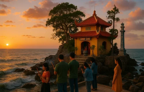 Small temple on a rocky hill overlooking the sea at Dinh Cậu, a popular spiritual site in downtown Phú Quốc
