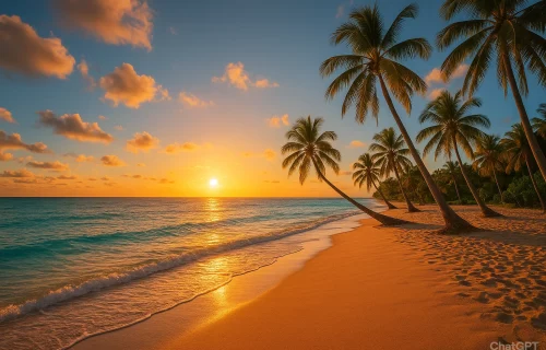 Pristine tropical beach at sunset in Phu Quoc, golden sand, turquoise water, palm trees swaying, tourists lounging and playing, cinematic travel photography, warm tropical colors.