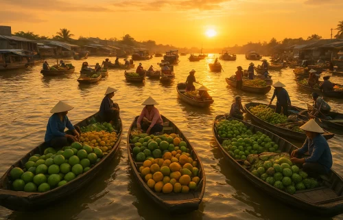 Boats filled with fruits and vegetables at Cái Răng Floating Market in Cần Thơ, with vendors selling goods on the river