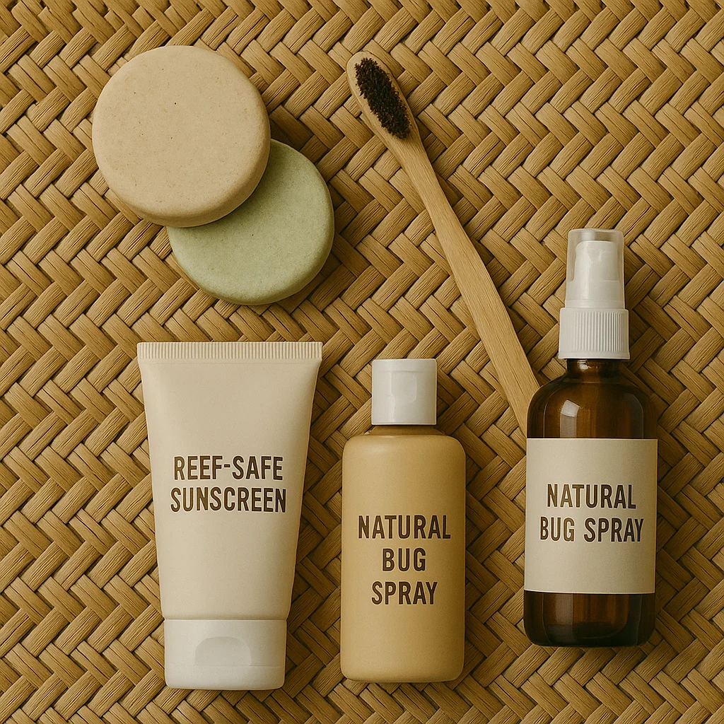 Eco-friendly tropical toiletries for Bali trip including reef-safe sunscreen and bamboo toothbrush.
