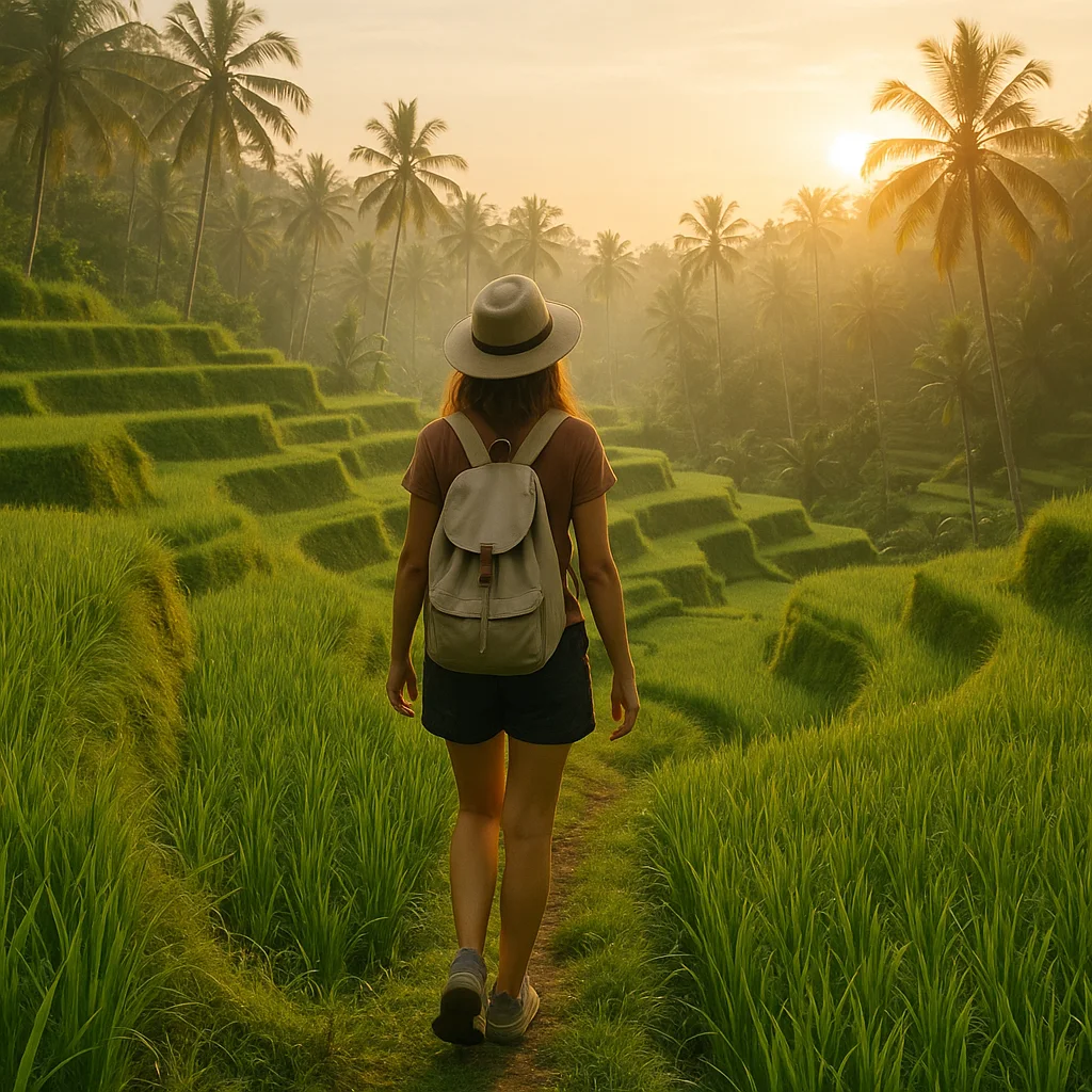Solo traveler exploring Ubud rice terraces at sunrise in Bali.