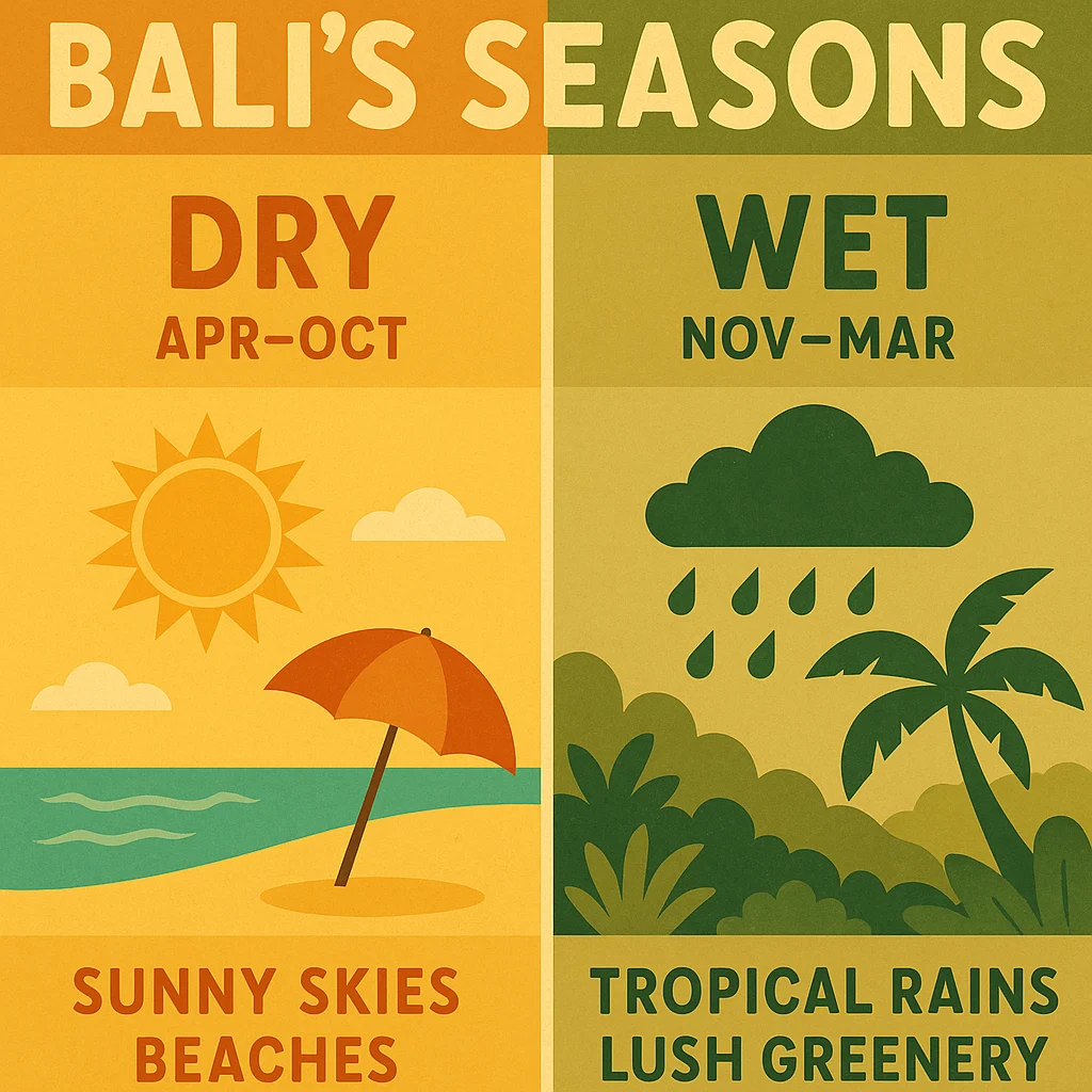 Simple infographic showing Bali’s dry and wet seasons with weather, crowd, and price highlights.