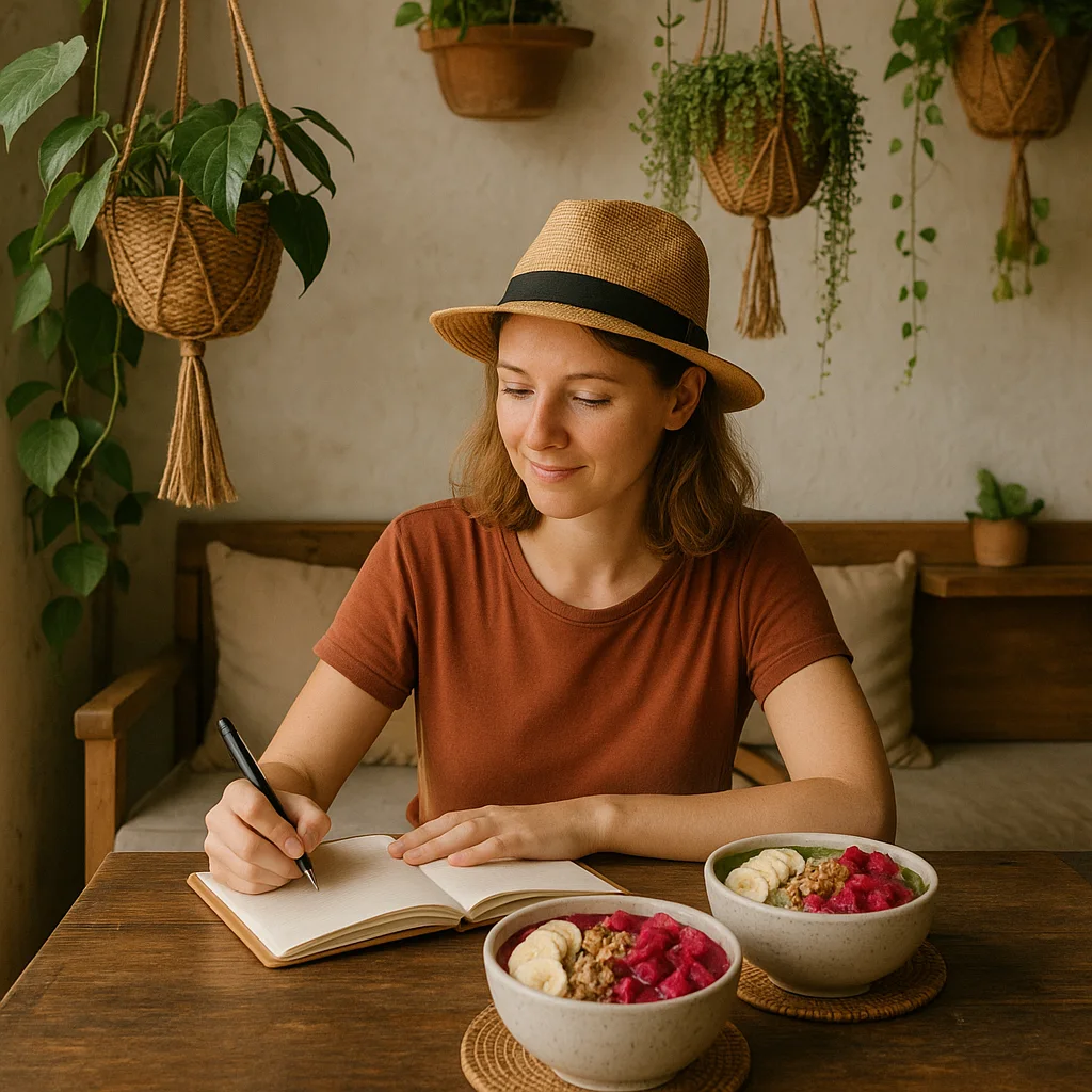 Solo traveler journaling at Clear Café in Ubud surrounded by tropical décor.