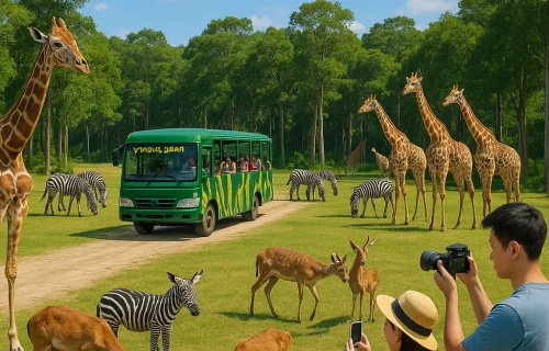 Vinpearl Safari Phú Quốc. Wide open field with giraffes, zebras, and deer grazing, safari trucks passing by, tourists taking photos, surrounded by lush green trees under clear skies