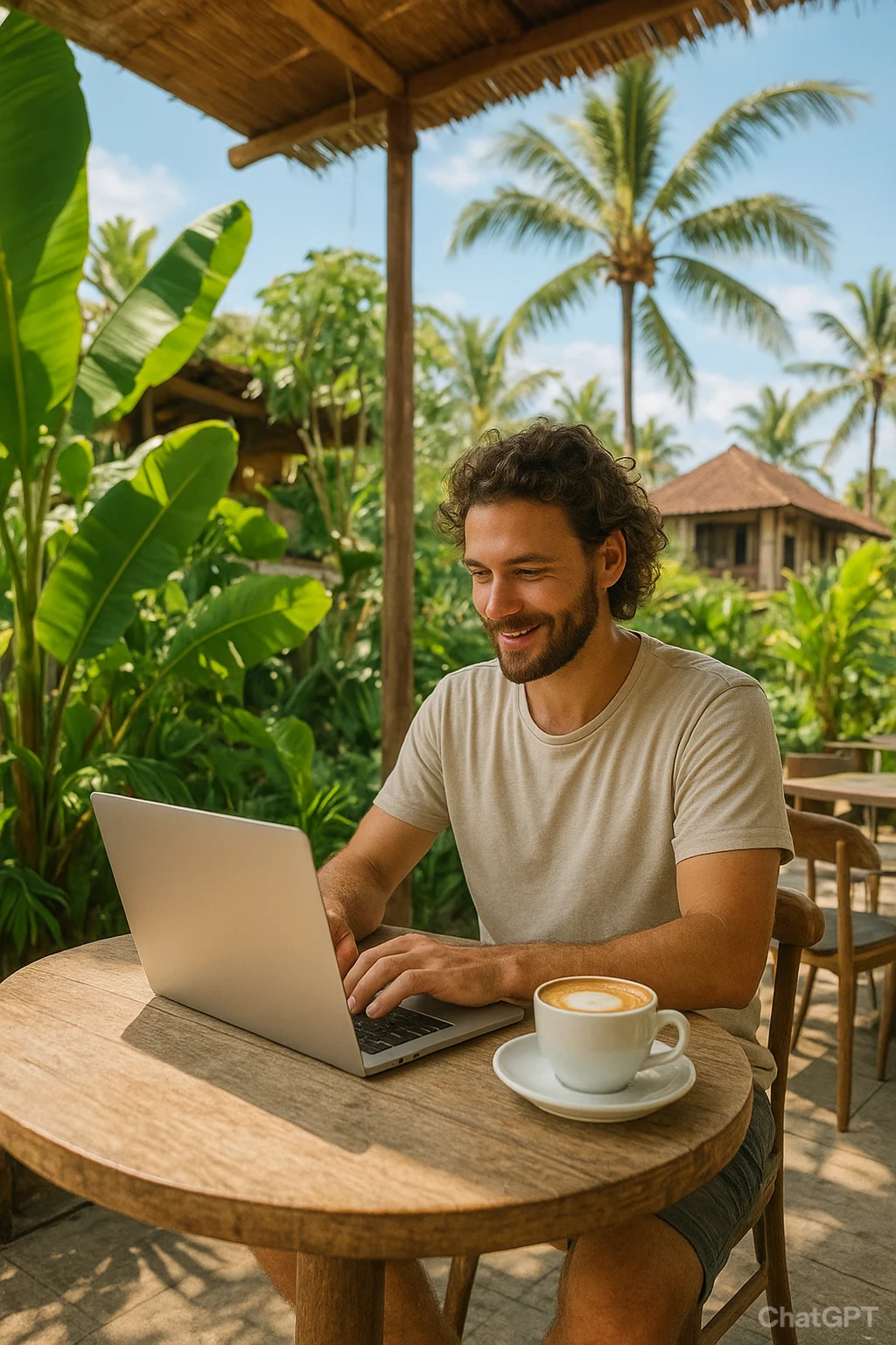 Digital nomad working from a café in Bali during dry season.