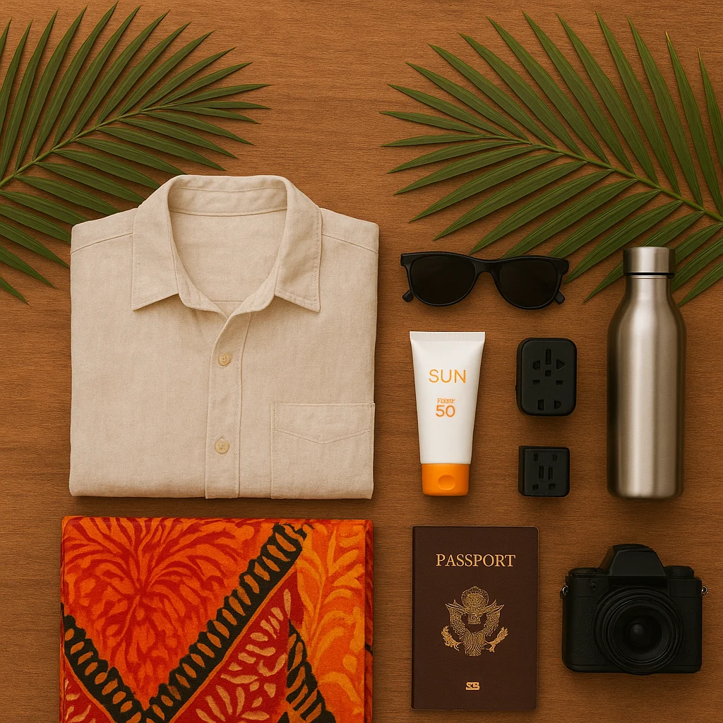 Flat lay of eco-friendly Bali travel essentials with passport, sunscreen, and sarong on wooden background.
