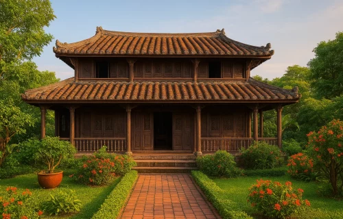 Ba Đức Ancient House in Cái Bè featuring traditional wooden architecture and lush garden surroundings