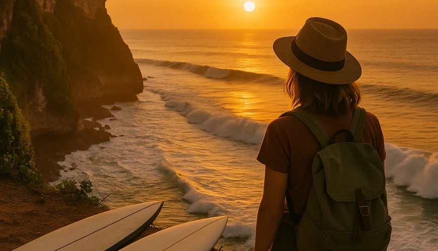 Traveler watching sunset from Uluwatu cliffs with scenic ocean view.