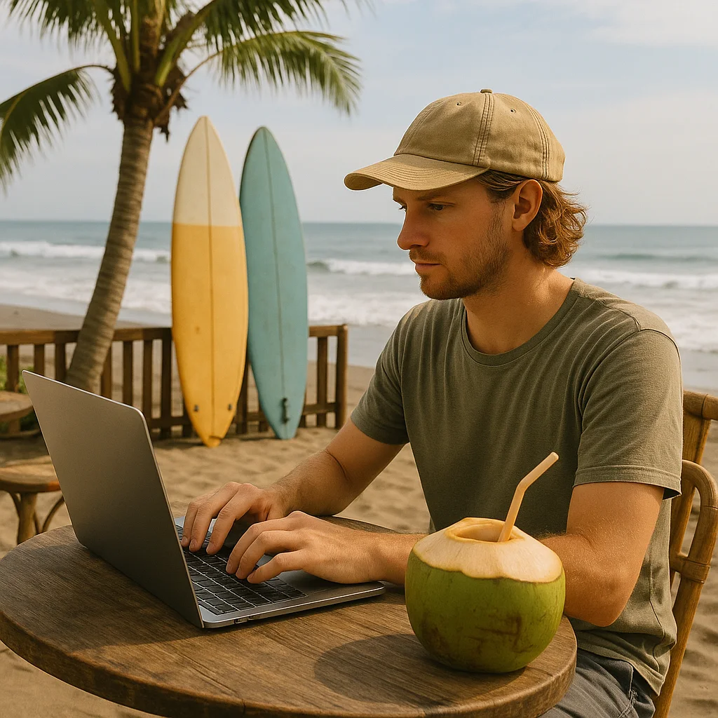 Digital nomad enjoying coffee and remote work at a Canggu café in Bali.