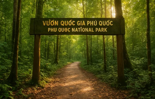 Entrance area of Phú Quốc National Park near Cửa Cạn. Lush rainforest with tall tropical trees, walking trail covered in leaves, soft golden sunlight shining through the jungle canopy.