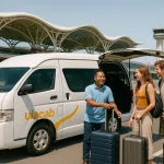 Ulacab driver greeting travelers at Bali airport for pre-booked transfer service