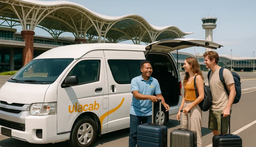 Ulacab driver greeting travelers at Bali airport for pre-booked transfer service