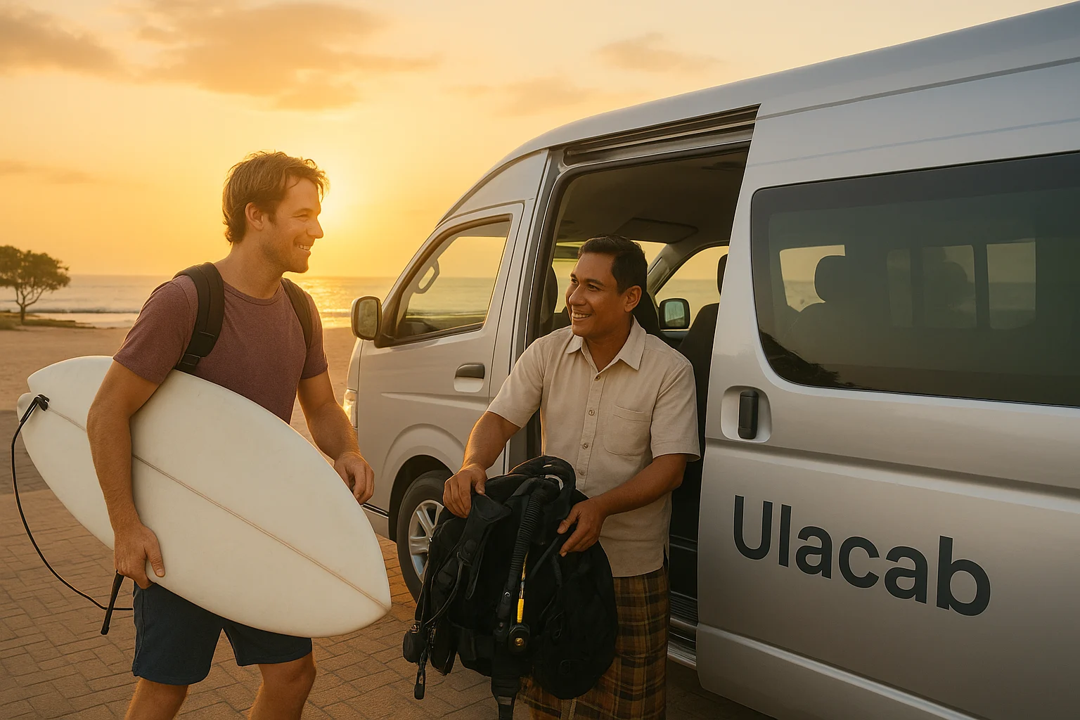 Ulacab driver helping a traveler load surf and dive gear for a Bali coastal transfer.