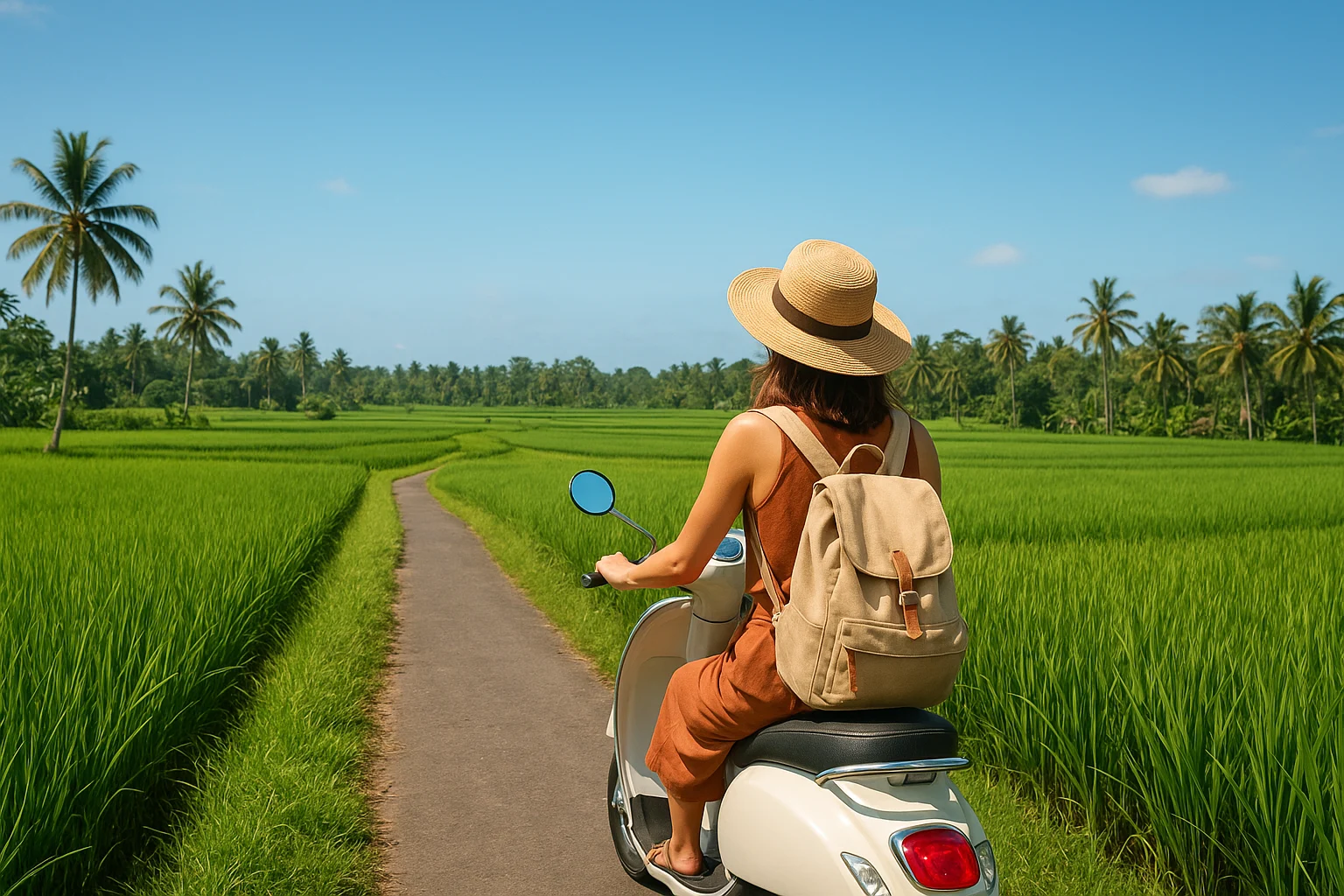 Backpacker riding scooter through Bali rice fields near Ubud on a sunny day.