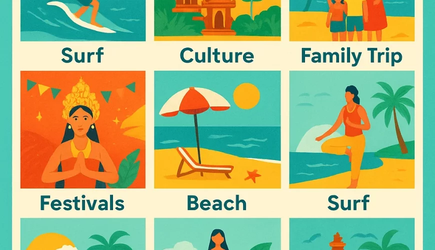 Bali 2025 travel calendar infographic with month-by-month highlights