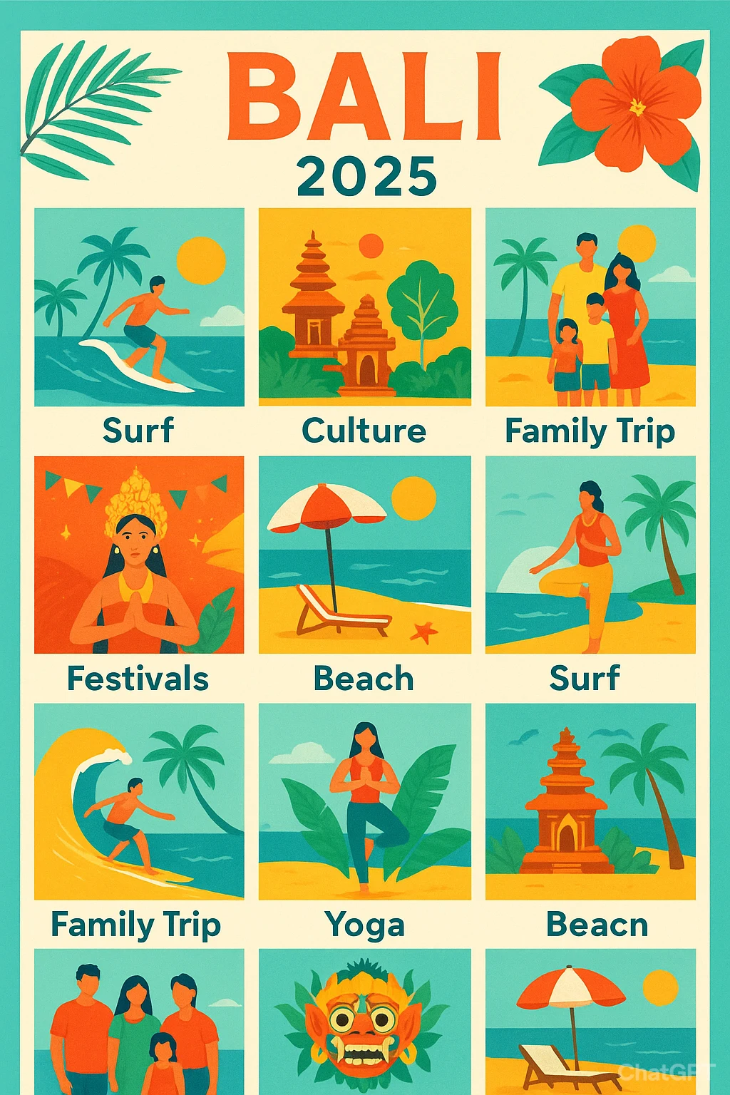 Bali 2025 travel calendar infographic with month-by-month highlights