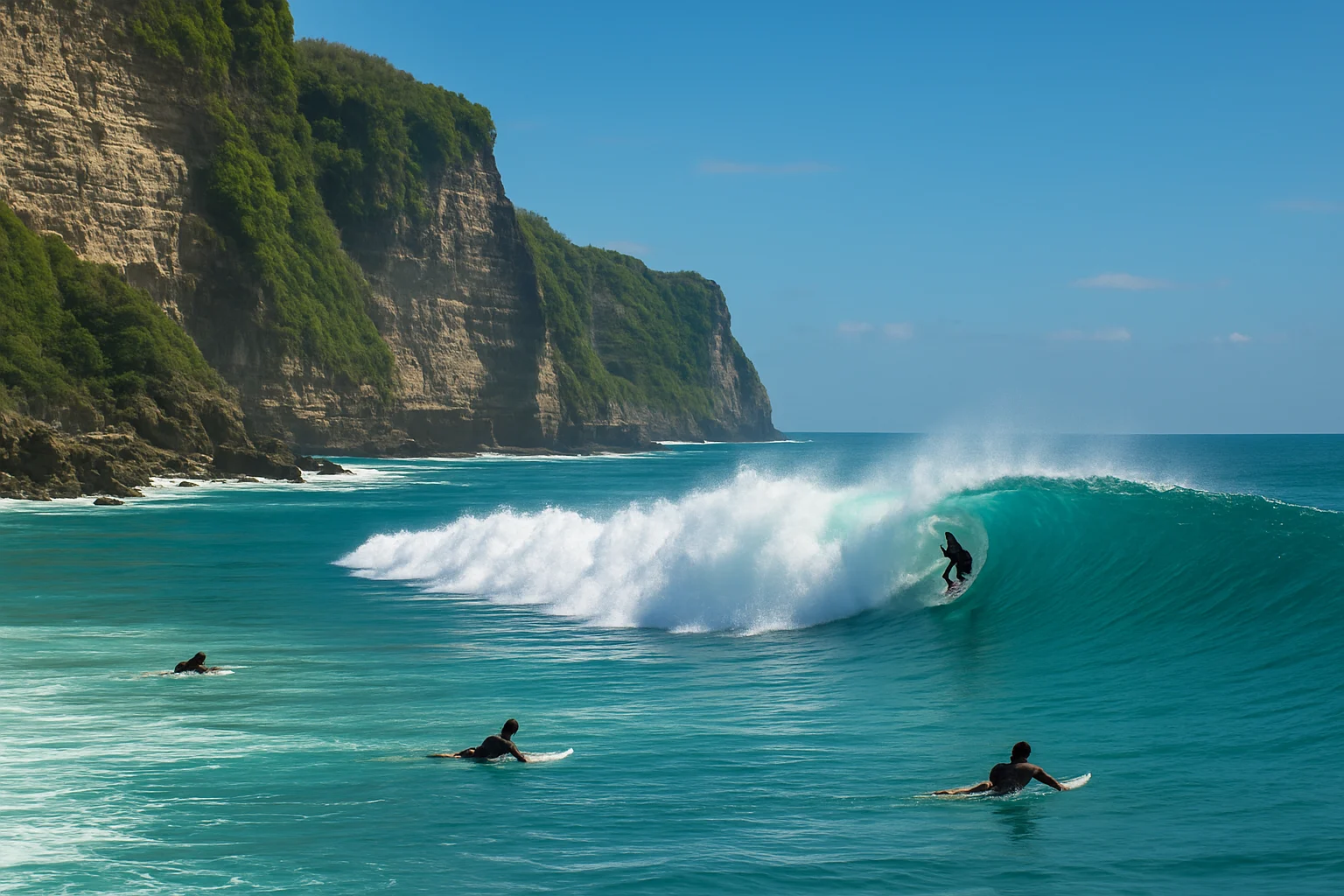 Surfers catching waves below the Uluwatu cliffs during Bali’s dry-season surf peak.