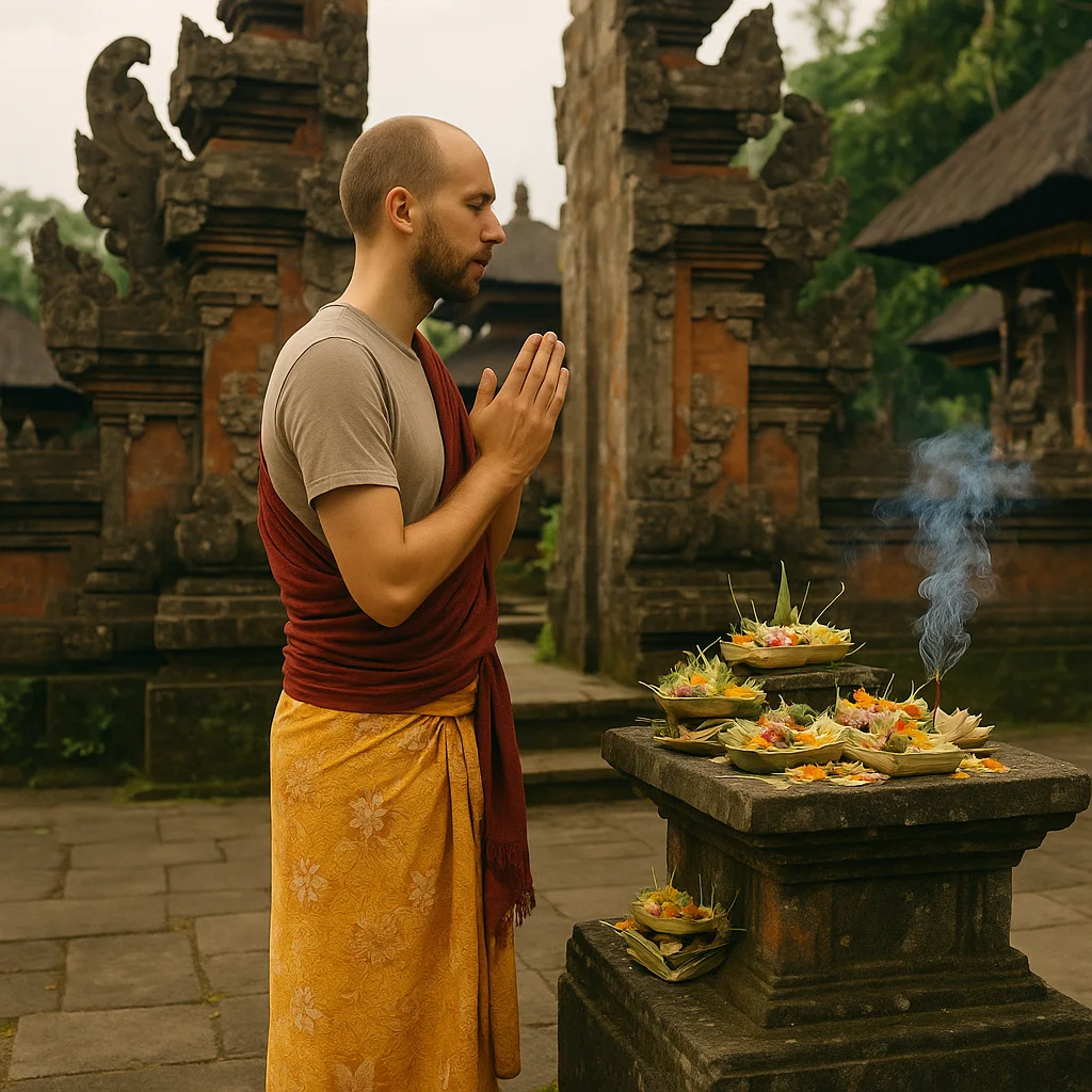 Traveller in sarong visiting Balinese temple with offerings and incense.