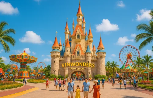 Amusement park entrance at VinWonders Phú Quốc with castle-style architecture and families exploring the park