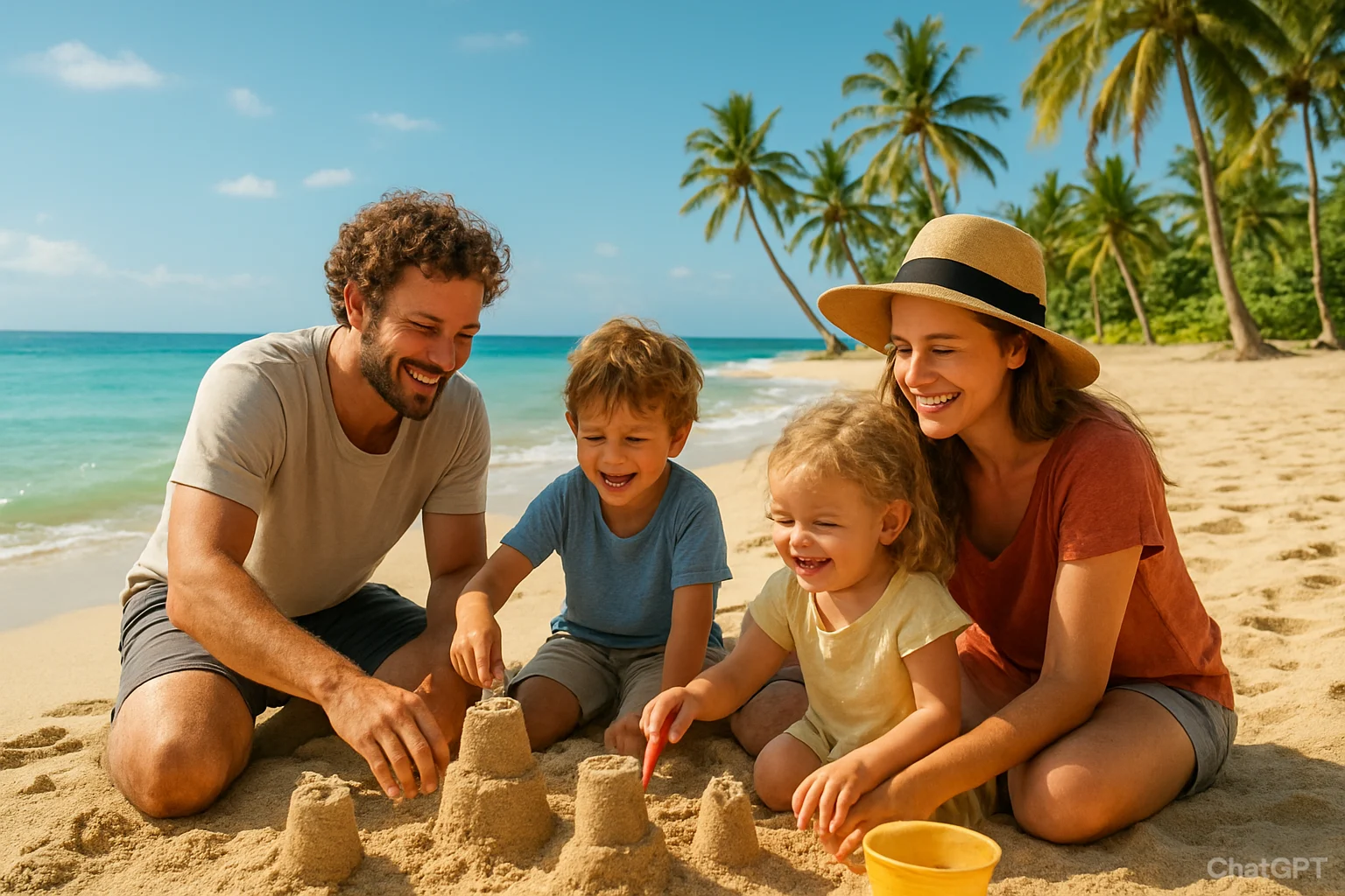 Family enjoying Bali beach during school holidays in dry season.
