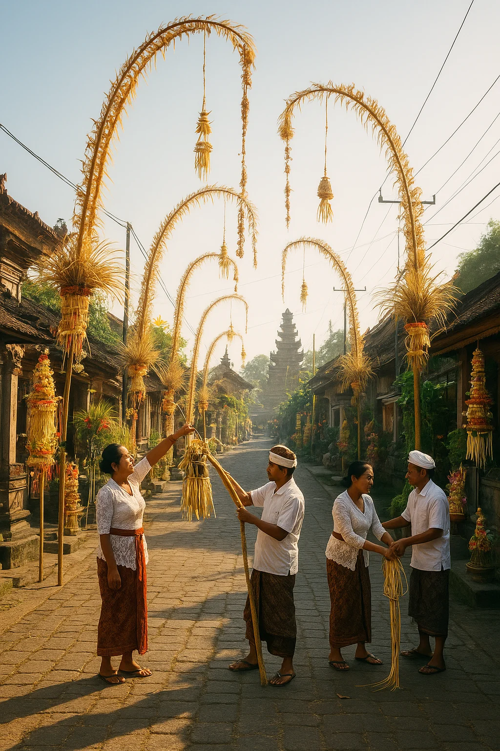 Locals decorating streets with Penjor poles during Bali’s Galungan festival celebrations.