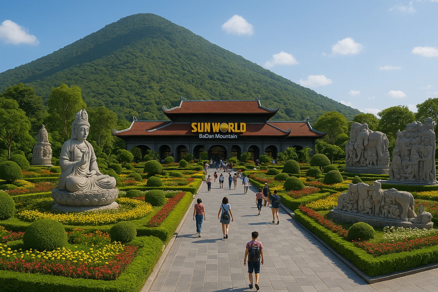 Sun World BaDen Mountain tourist complex at the base of the mountain. Beautiful landscaped gardens, cultural sculptures, tourists walking, and the mountain in the background.