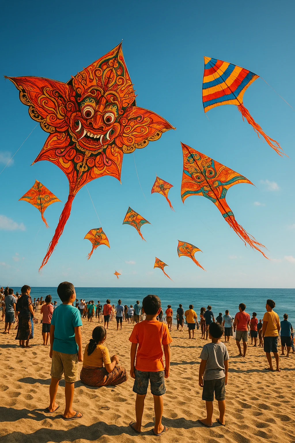 Massive colorful kites soaring over Padang Galak Beach during Bali’s Kite Festival.
