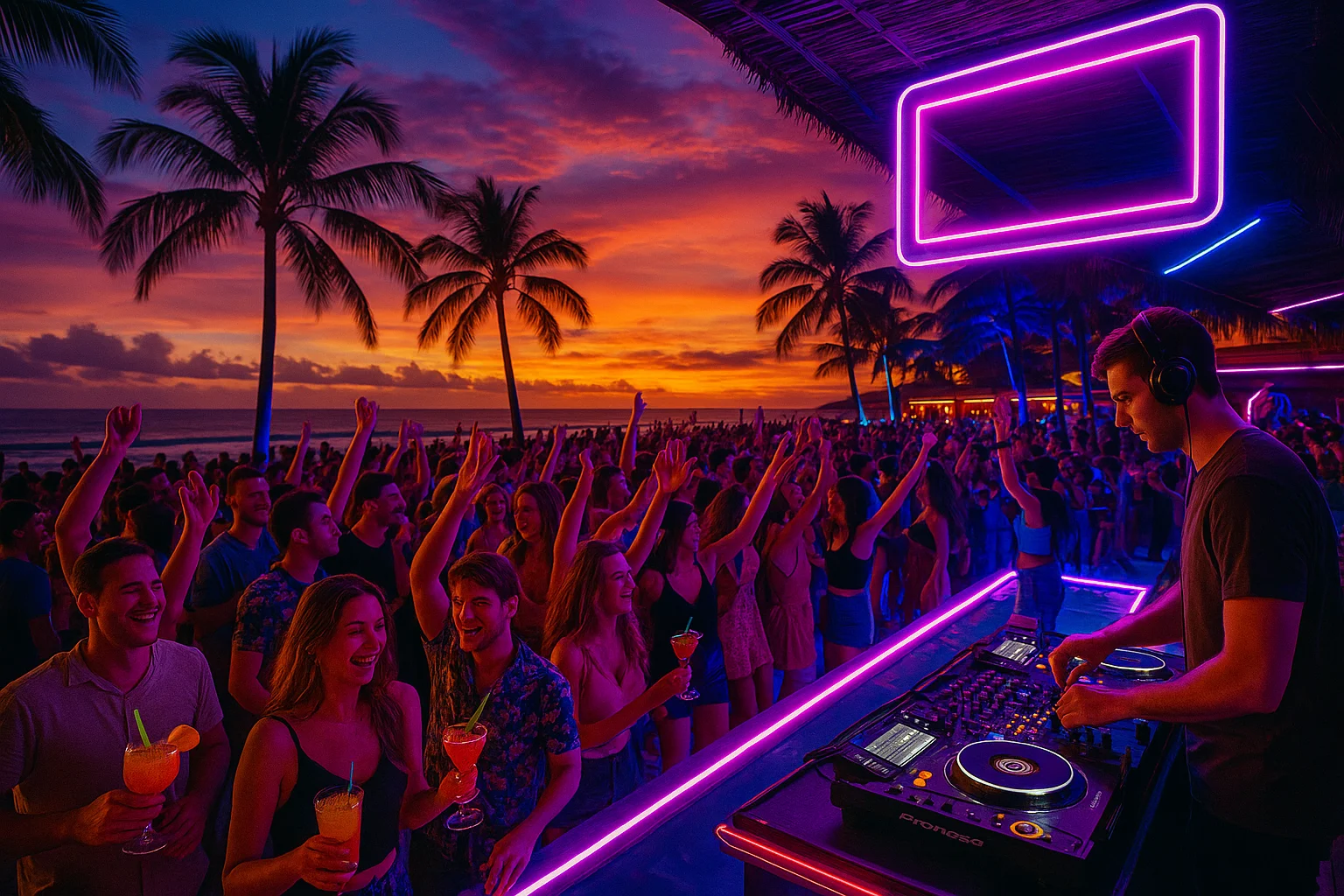 Bali nightlife at Seminyak beach club sunset parties and vibrant evening energy.
