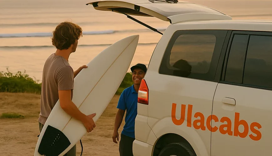 Ulacab private van at Bali beach during sunset with traveller loading surfboard.