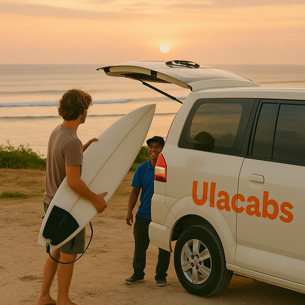 Ulacab private van at Bali beach during sunset with traveller loading surfboard.
