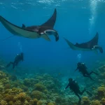 Scuba divers watching manta rays swim gracefully near Nusa Penida’s coral reefs.
