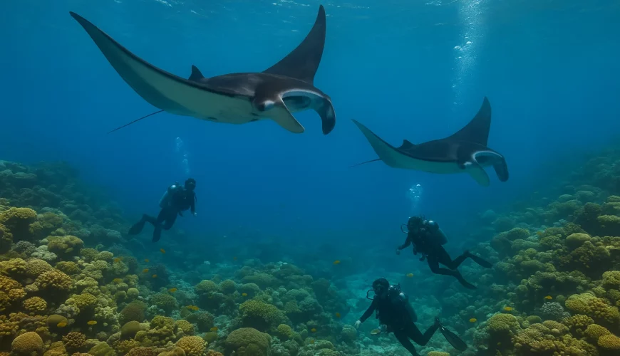 Scuba divers watching manta rays swim gracefully near Nusa Penida’s coral reefs.