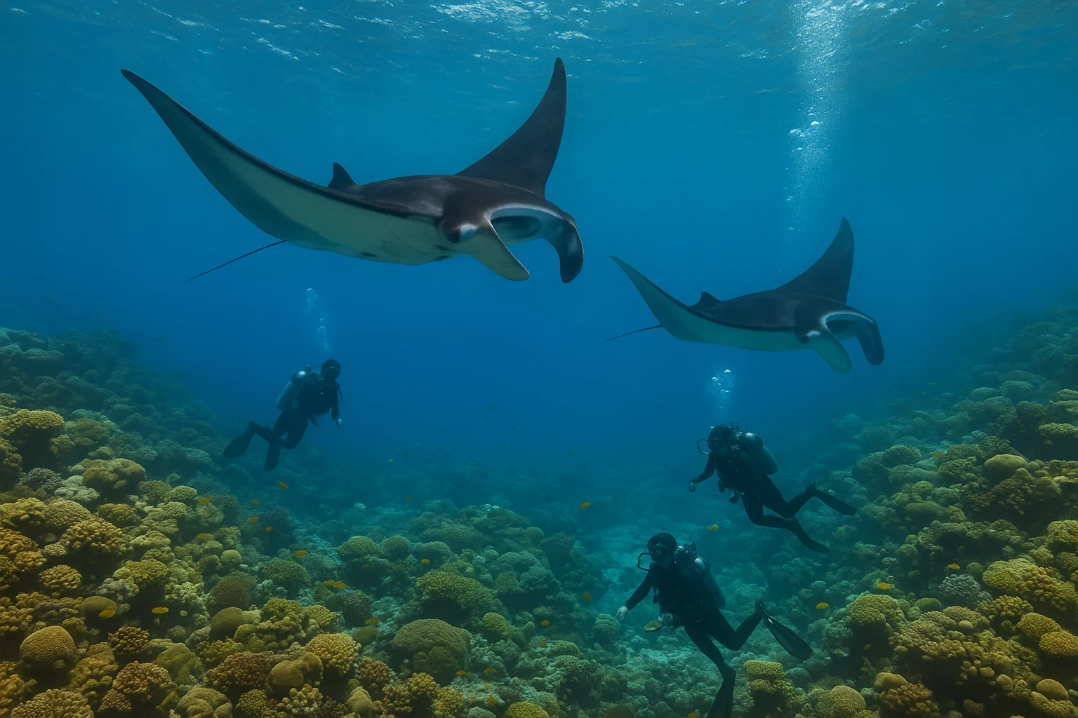Scuba divers watching manta rays swim gracefully near Nusa Penida’s coral reefs.