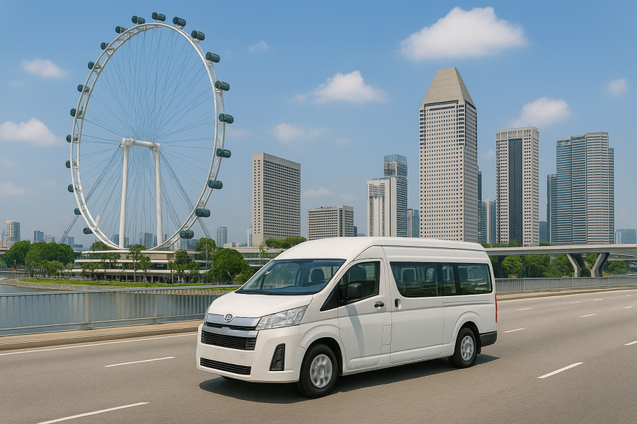 Ulacab’s Toyota Hiace shared coach driving past the Singapore Flyer and city skyline during the SIC Half-Day City Tour.