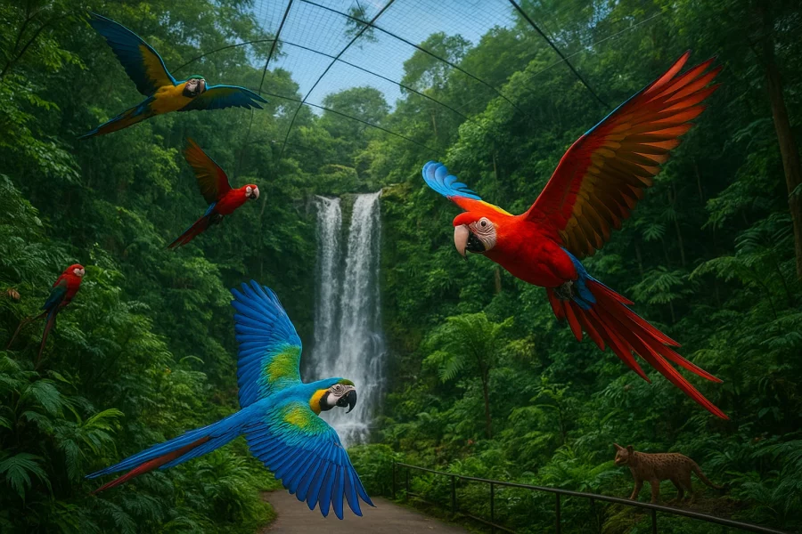 Bright tropical birds flying across the aviary at Jurong Bird Park Singapore.