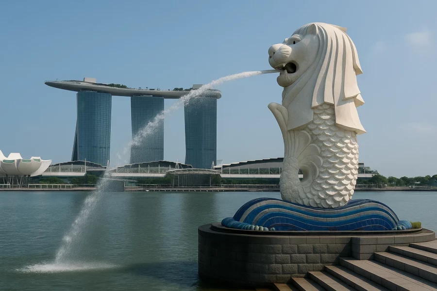 Merlion statue at Merlion Park Singapore with Marina Bay Sands in the background