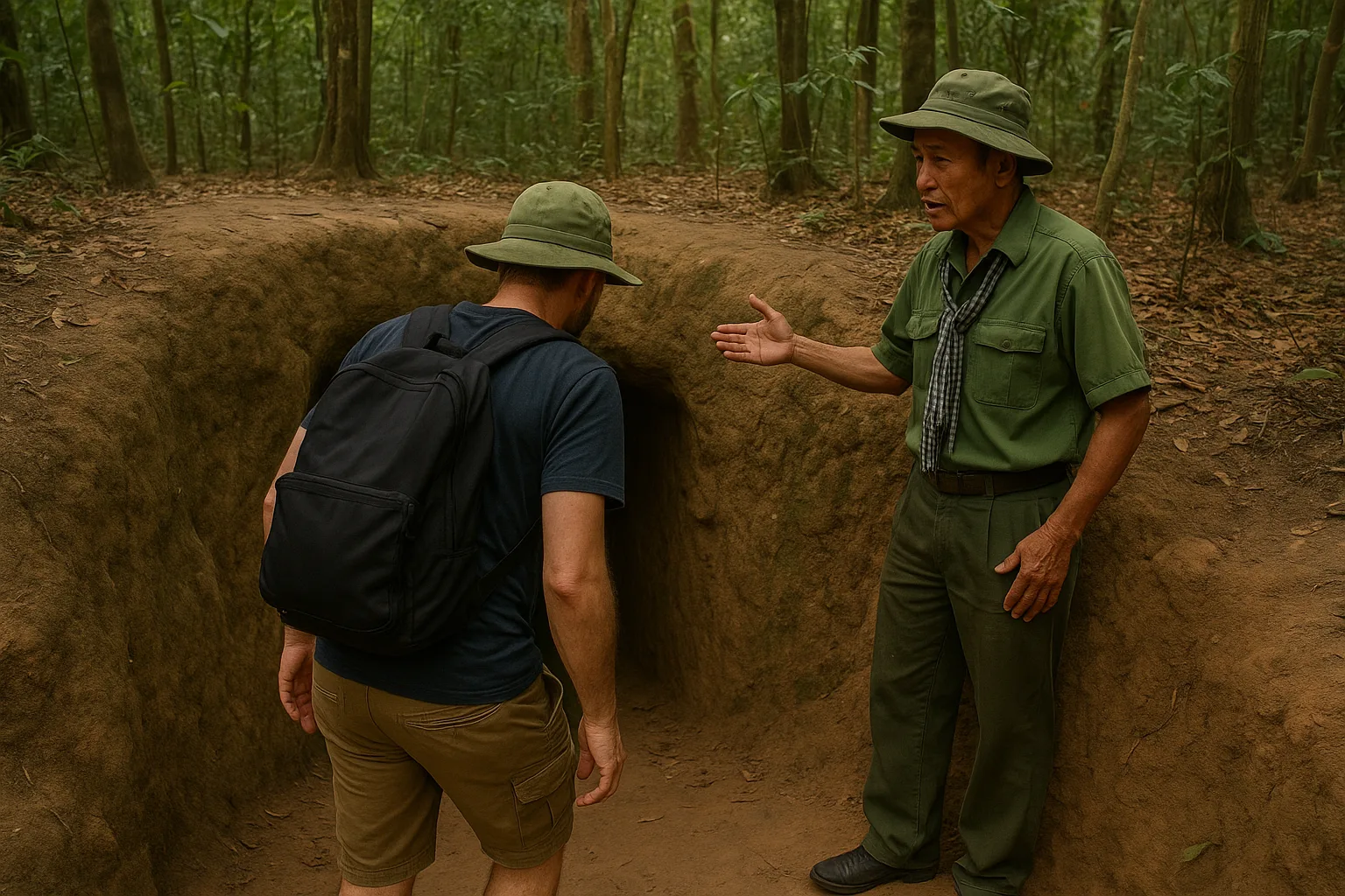 Visitor exploring a tunnel entrance at the Cu Chi Tunnels in Vietnam