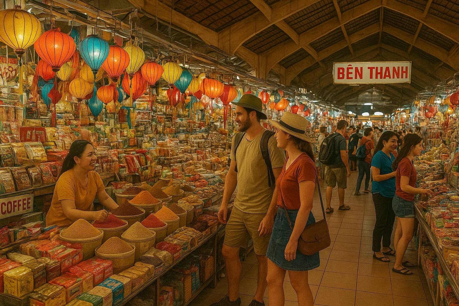 Ben Thanh Market interior with colorful stalls and local vendors