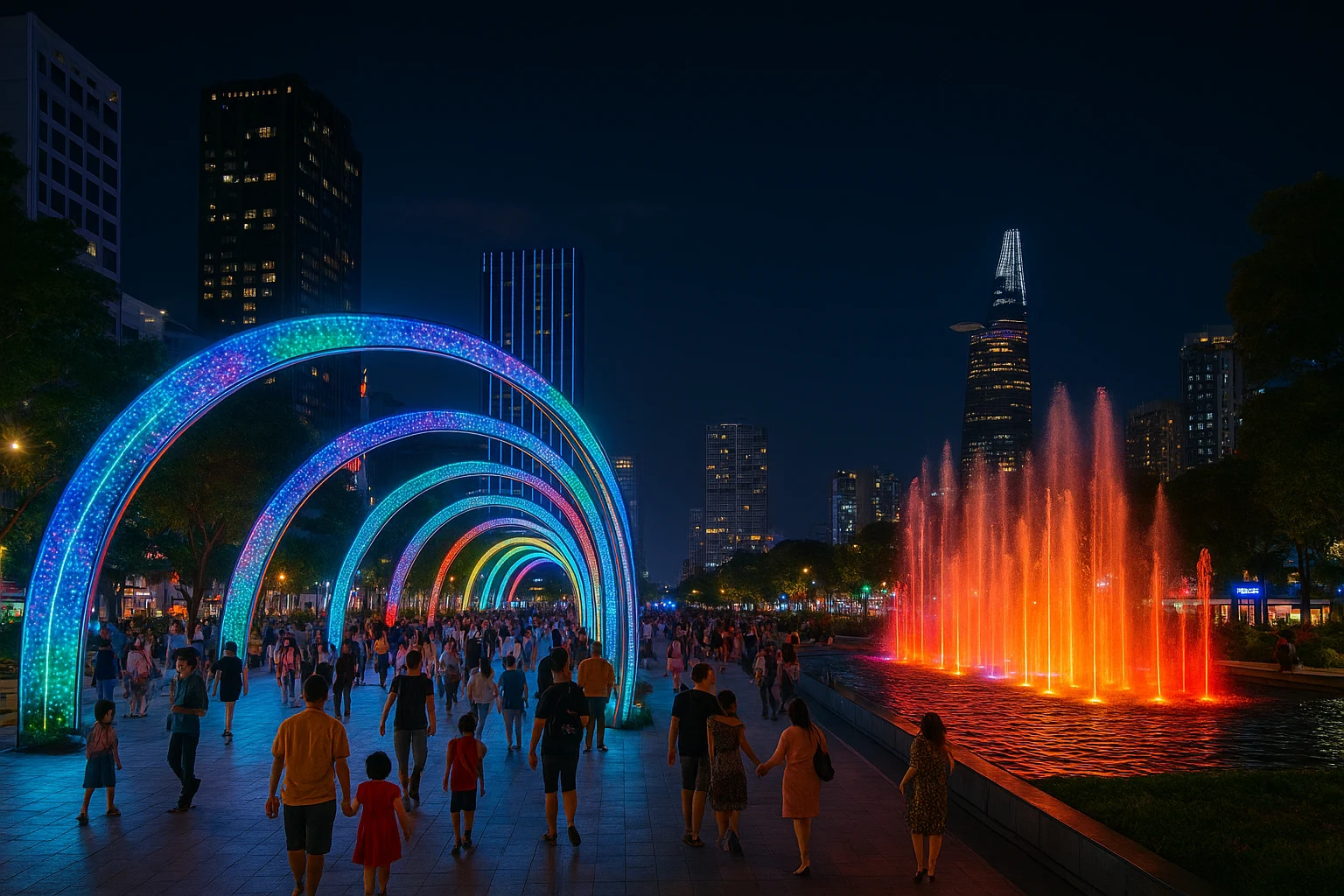 Nguyen Hue Walking Street at night with lights and people