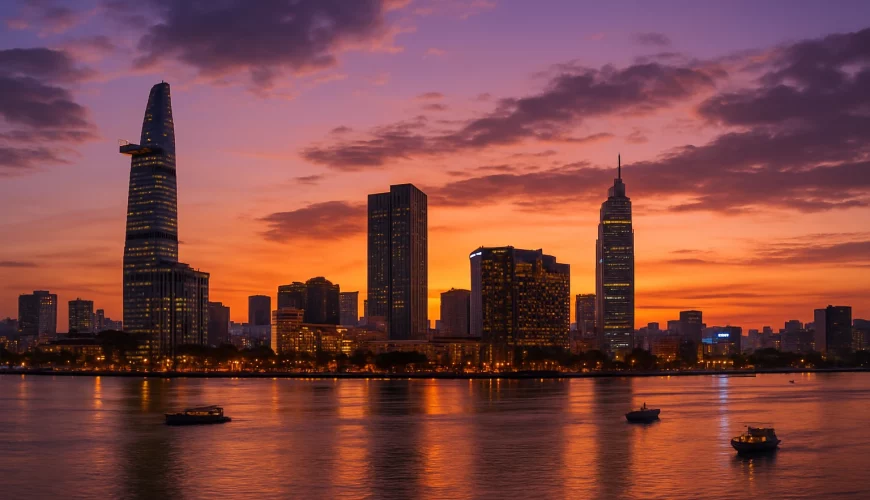 Ho Chi Minh City skyline at sunset with the Saigon River and Bitexco Tower