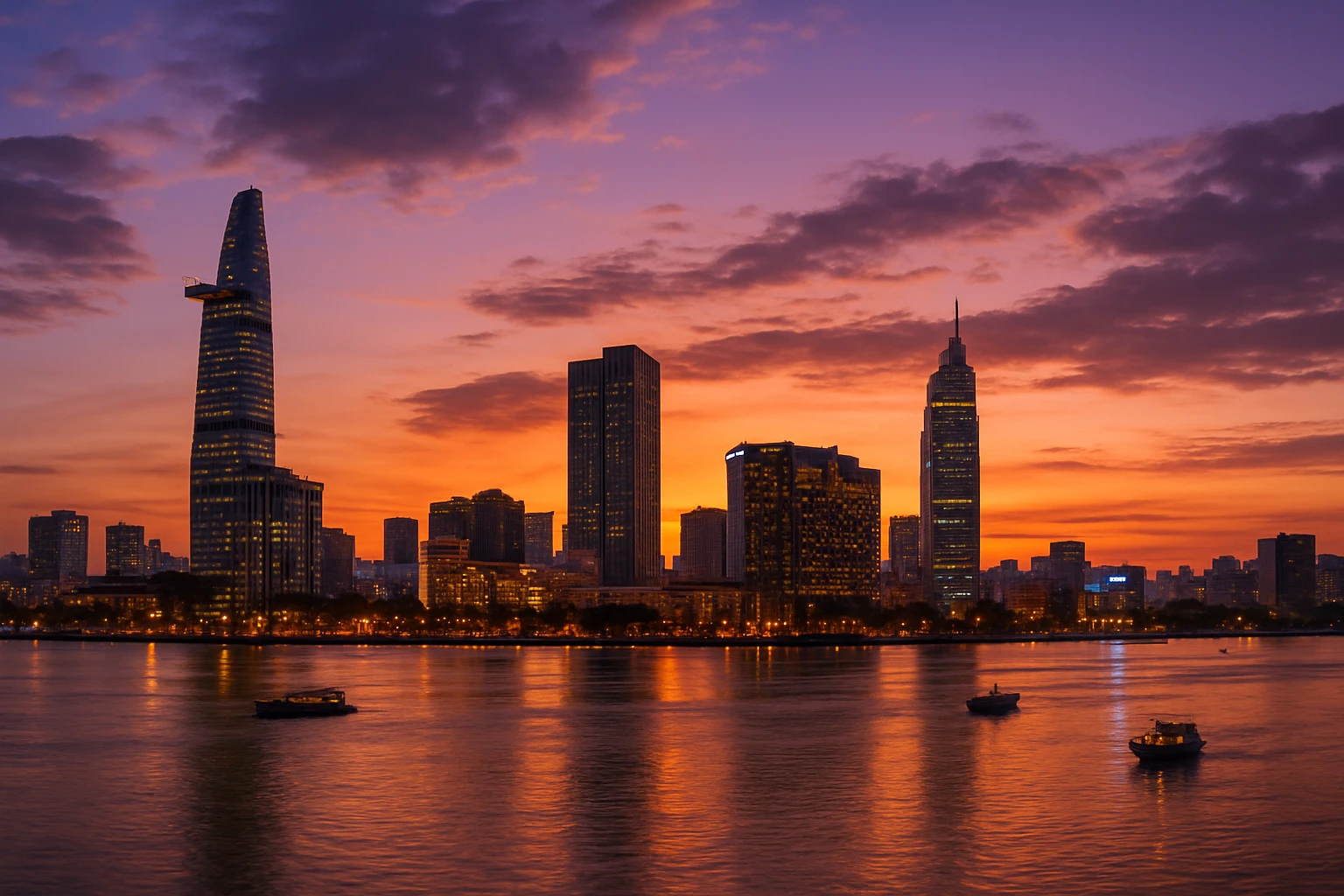 Ho Chi Minh City skyline at sunset with the Saigon River and Bitexco Tower