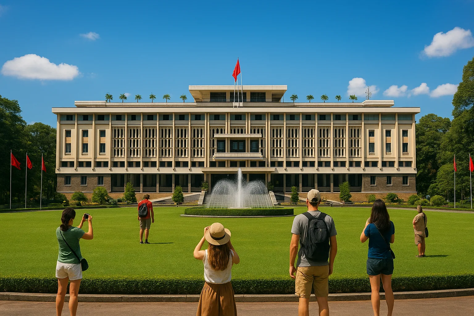 Front view of Independence Palace with visitors in Ho Chi Minh City