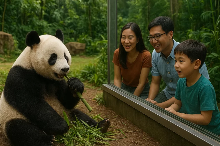 Giant Panda feeding at River Wonders Singapore with visitors viewing the enclosure.