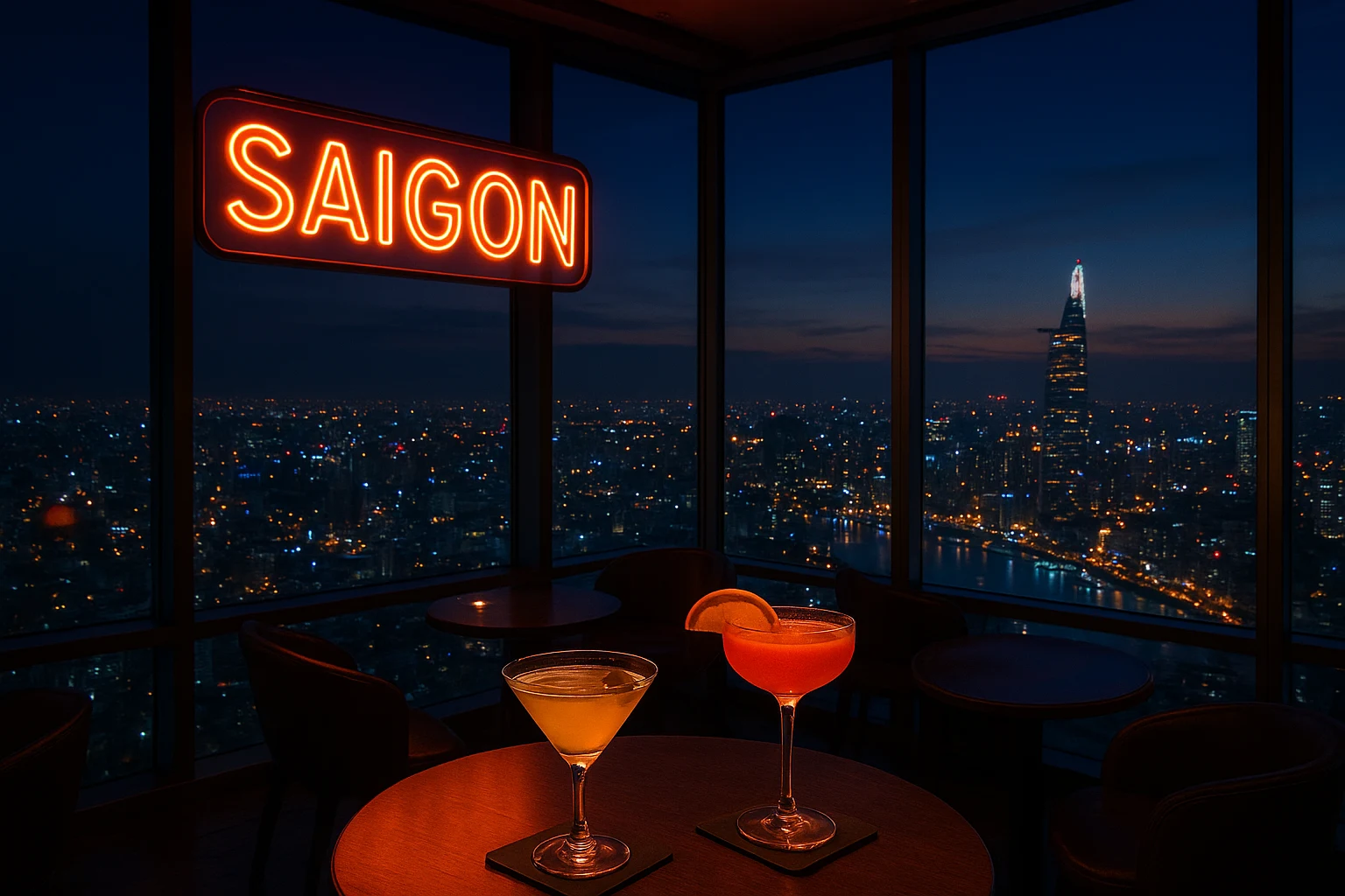 Views from EON Heli Bar on high floors of Bitexco Tower