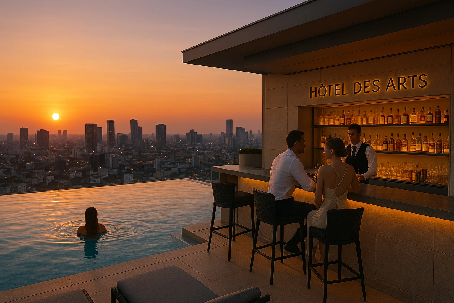 Elegant rooftop pool and bar area at Social Club Saigon.