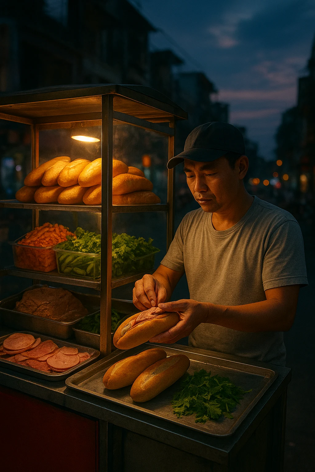 Vendor preparing Banh Mi in Saigon.