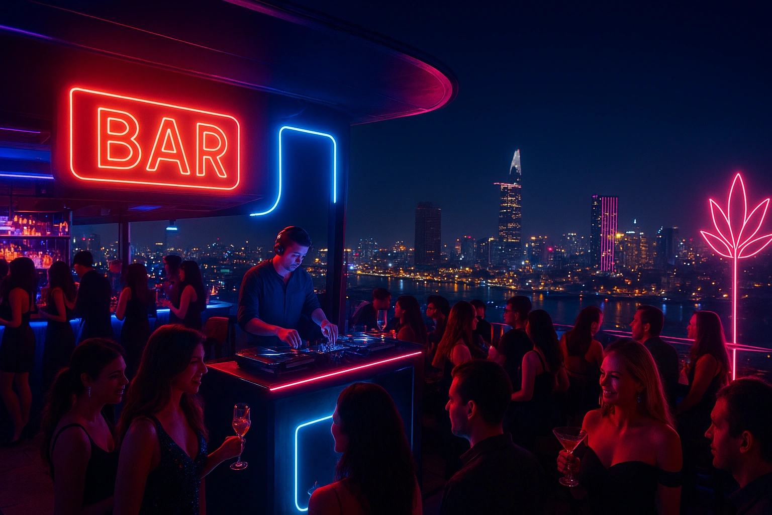 Chill Skybar night view with neon lights